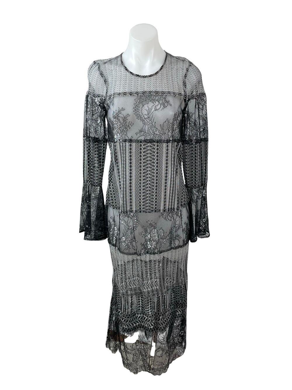 NEW BCBGMAXAZRIA Black Metallic Lace Long Bell Sleeve Maxi Shift Dress Size XXS